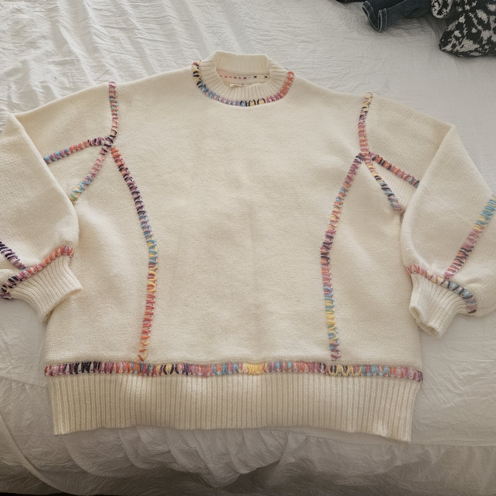 Colorful Stitched Cream Sweater